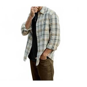 NEW FLINT AND TINDER crossback linen workshirt in ivory plaid